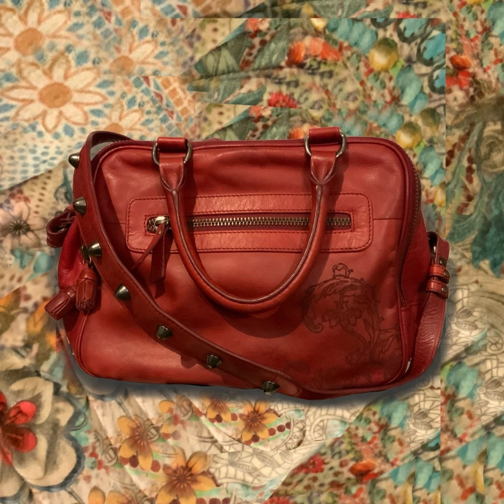 Red Leather Moulin Rouge Isabella Fiore Purse Hand Bag Vintage Floral Rare